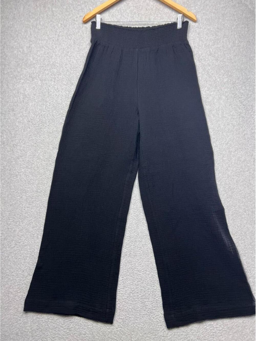 Z SUPPLY Black Gauze Wide Leg Pants M Smocked High Waist Boho Coastal Quiet Lux